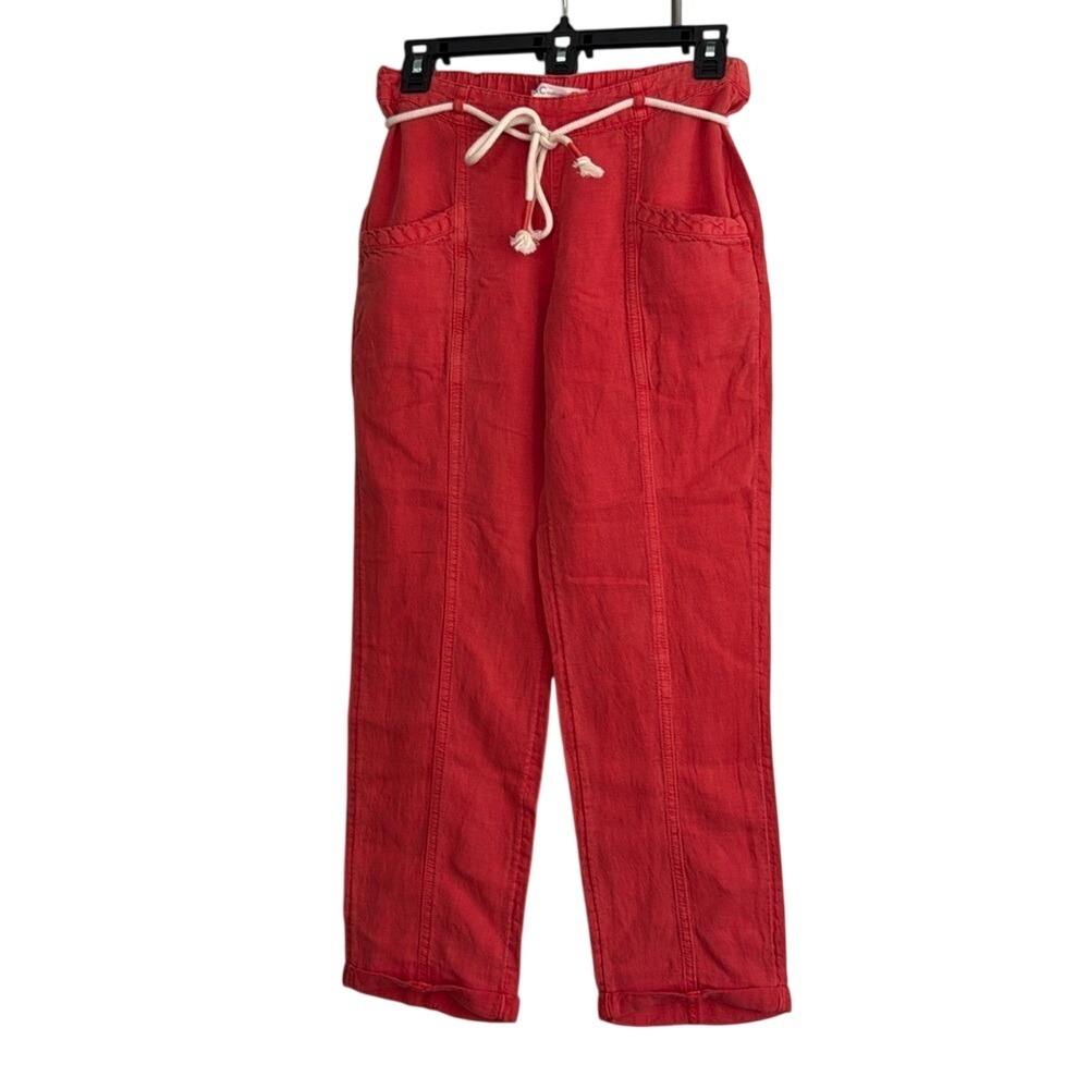 C&C California Red Linen Blend Rope Belt Utility Pants XS Pockets Cuffed Hem